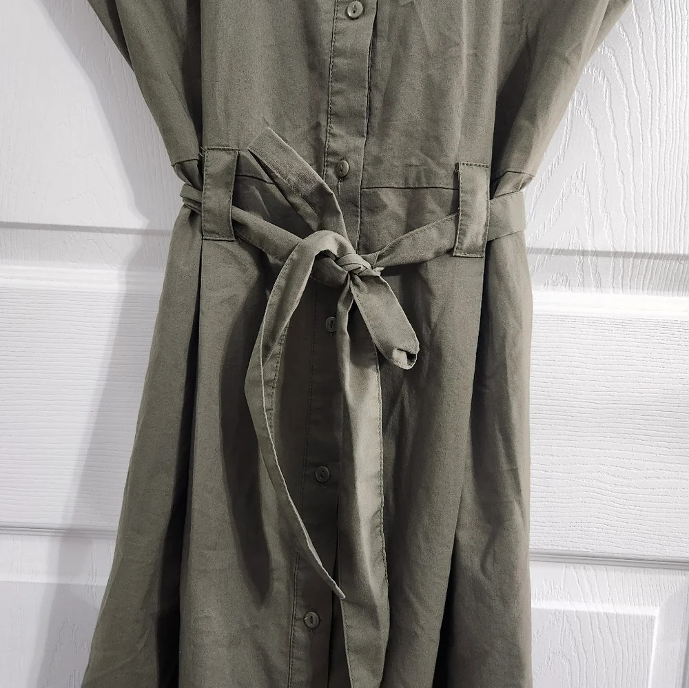 JDY green trench coat dress belted collared lagenlook Military size 36 - Picture 11 of 13